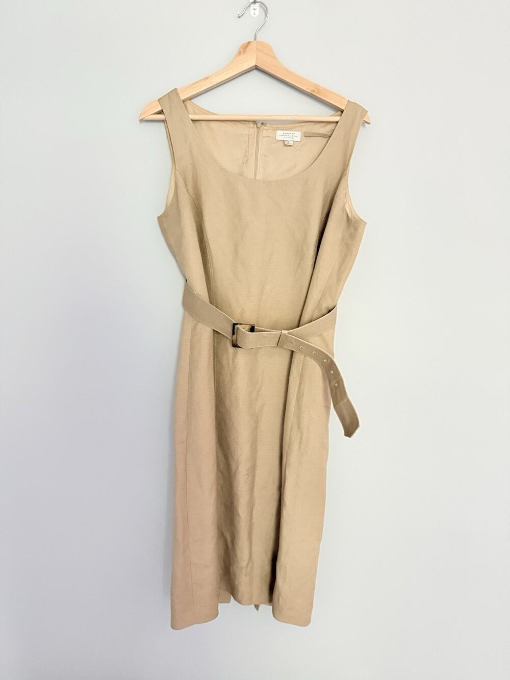 Tahari Arthur S. Levine Classic Beige Sleeveless Belted Knee Length Dress
